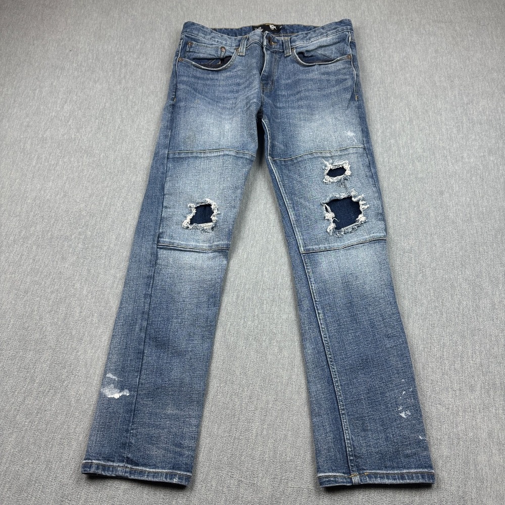 RSQ Jeans Mens Size 32 (32X30) Blue London Skinny Distressed Denim Stretch Moto
